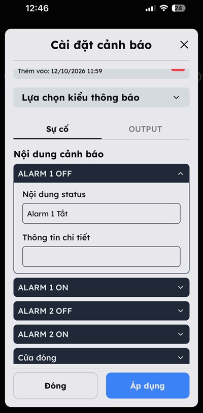 chọn kiểu cảnh báo sự cố nhiệt độ thấp